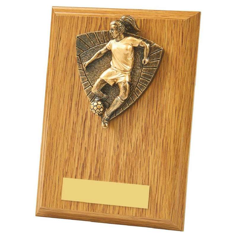 Female Footballer Wood Plaque Award 150mm – Light Oak