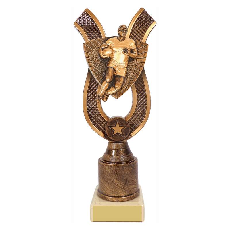 Antique Gold Ribbon Award with Resin Rugby Player Male Trim 180mm – Ant Gold