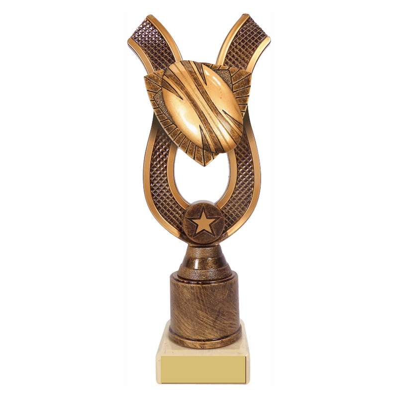Antique Gold Ribbon Award with Resin Rugby Ball Trim 180mm – Ant Gold