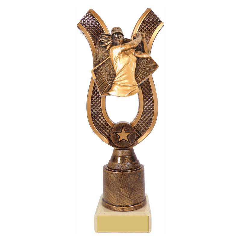 Antique Gold Ribbon Award with Resin Female Golf Trim 180mm – Ant Gold