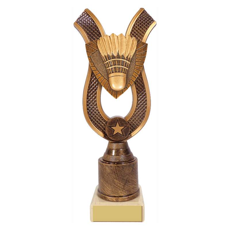 Antique Gold Ribbon Award with Resin Badminton Trim 180mm – Ant Gold