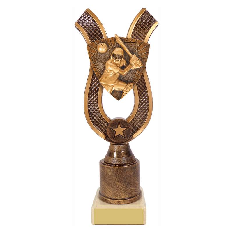 Antique Gold Ribbon Award with Resin Cricket Batsman Trim 180mm – Ant Gold