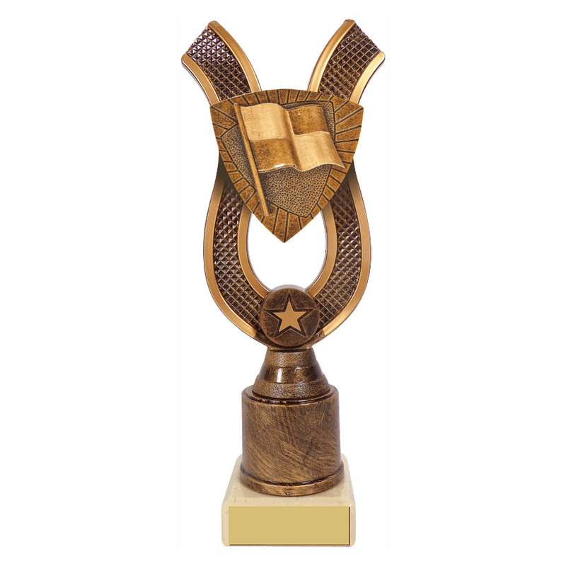 Antique Gold Ribbon Award with Resin Official Flag Trim 180mm – Ant Gold