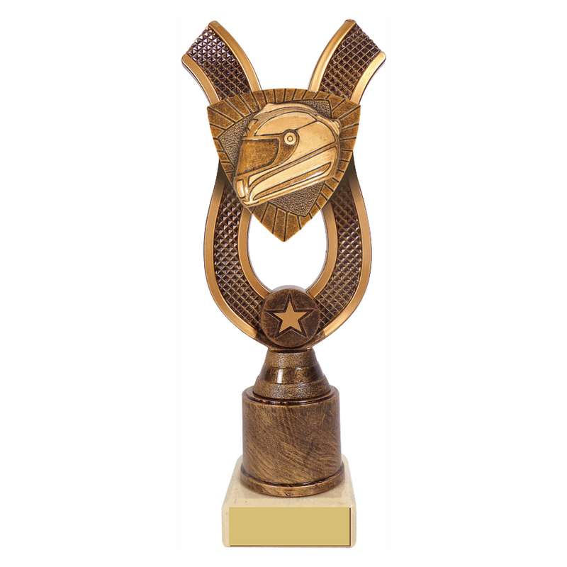 Antique Gold Ribbon Award with Resin Motor Sport Helmet Trim 180mm – Ant Gold