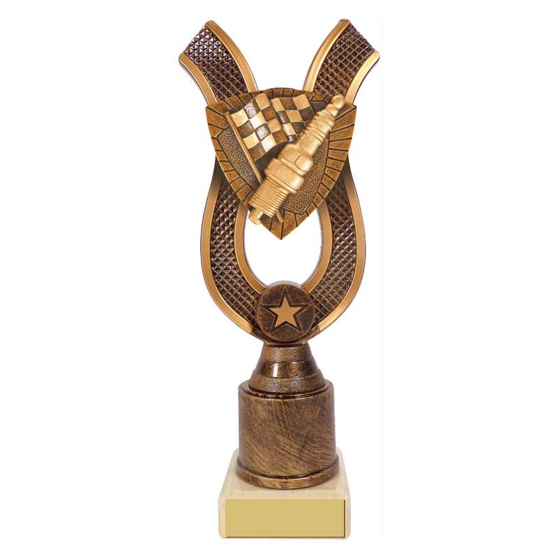Antique Gold Ribbon Award with Resin Motor Sport Plug/Flag Trim 180mm – Ant Gold