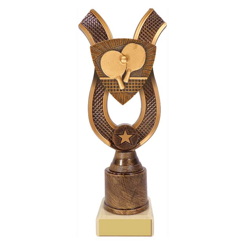 Antique Gold Ribbon Award with Resin Table Tennis Trim 180mm – Ant Gold