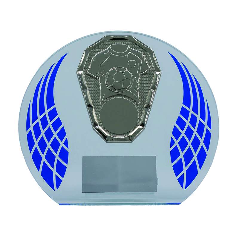Clear/Blue Wreath Glass Award with Football Trim 125mm – Blue
