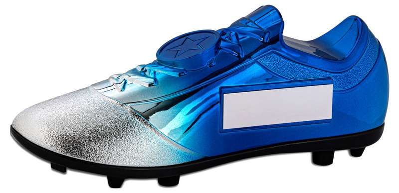 FILLED PLASTIC FOOTBALLL BOOT IN SILVER/BLUE WITH PLATE (1″ CEN) – 6.75 x 2.75in