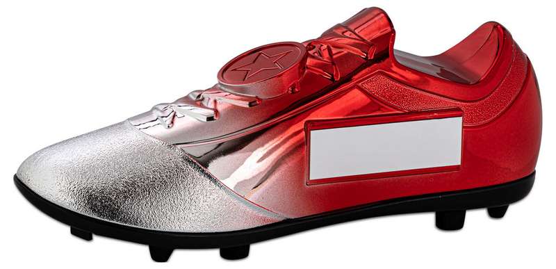 FILLED PLASTIC FOOTBALLL BOOT IN SILVER/RED WITH PLATE (1″ CEN) – 6.75 x 2.75in
