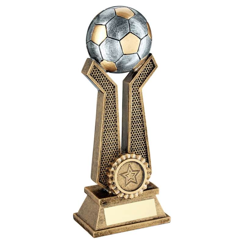 BRZ/PEW/GOLD FOOTBALL ON TWIN PRONGS WITH PLATE (1in CENTRE) – 6in