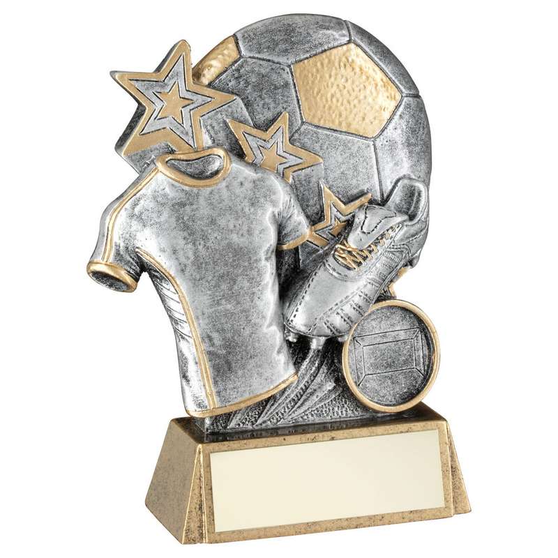 PEW/GOLD FOOTBALL WITH BOOT AND SHIRT ON BRZ BASE WITH PLATE (1in CEN) – 5.25″