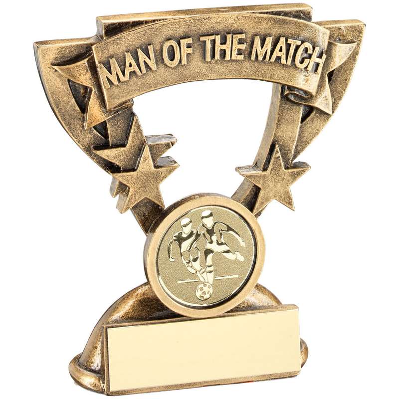 BRZ/GOLD MAN OF THE MATCH MINI CUP WITH FOOTBALL INSERT AND PLATE – 3.75in