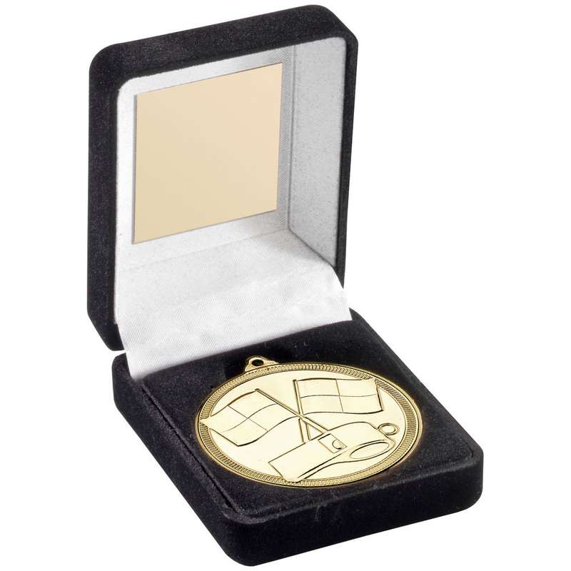 BLACK VELVET BOX AND 50mm MEDAL REFEREE TROPHY GOLD – 3.5in