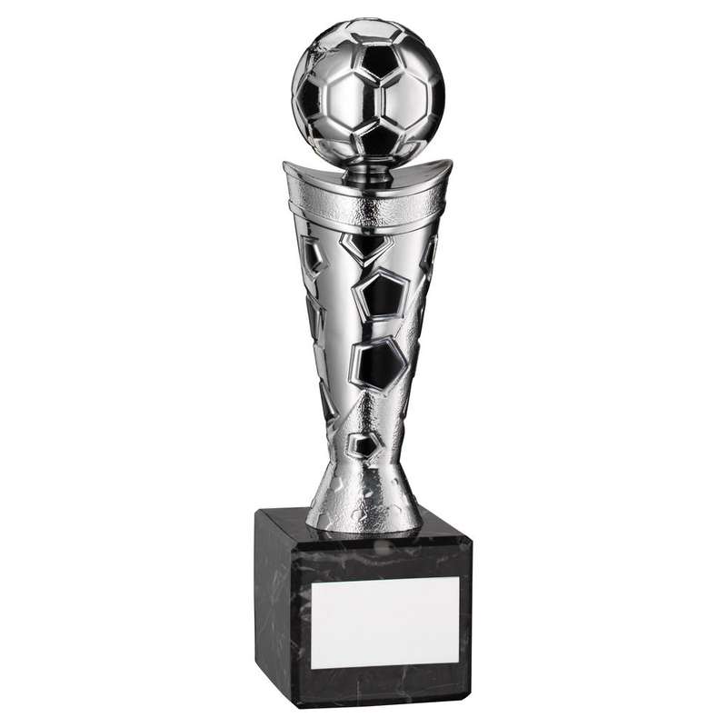 SILVER/BLACK PLASTIC FOOTBALL FIGURE ON BLACK MARBLE TROPHY – 6.75in