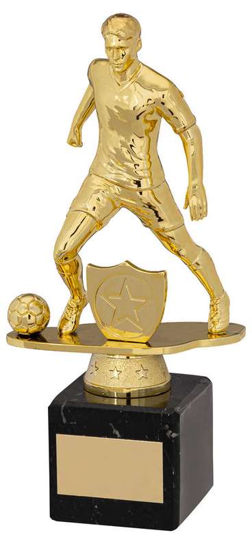 GOLD/BLK PLASTIC MALE FOOTBALL FIGURE ON BLK MARBLE TROPHY (1in CEN) – 6.75in