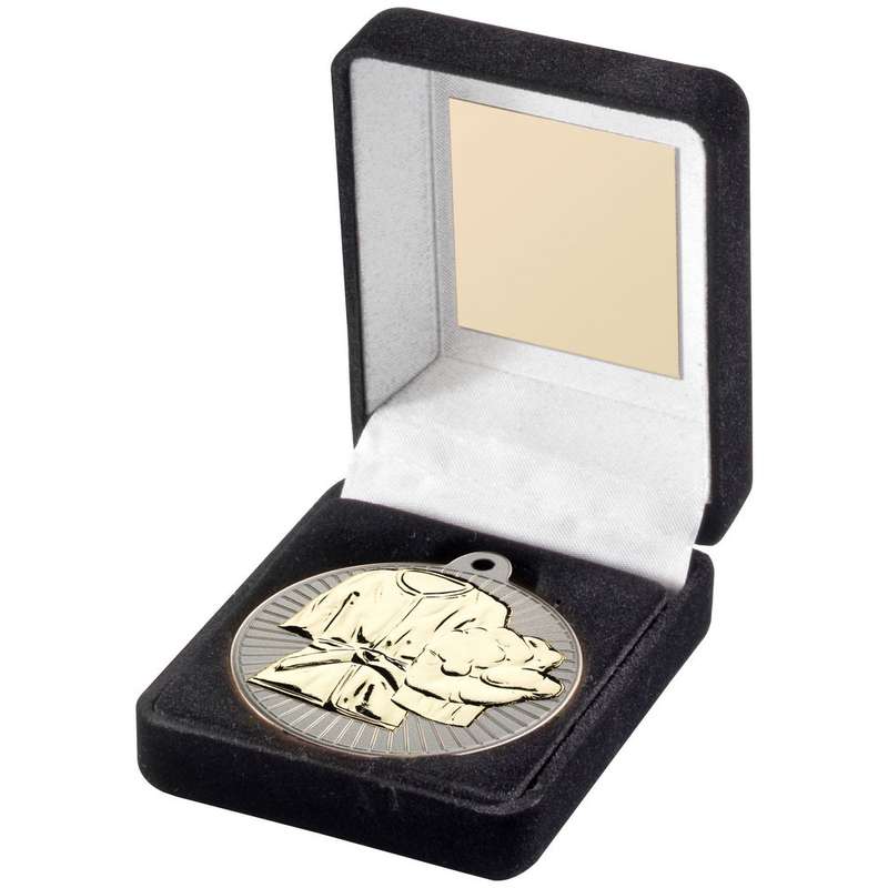 BLACK VELVET BOX AND 50mm MARTIAL ARTS MEDAL TROPHY MATT SILVER/GOLD – 3.5in
