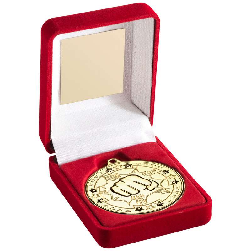 RED VELVET BOX AND 50mm MEDAL MARTIAL ARTS TROPHY GOLD – 3.5in