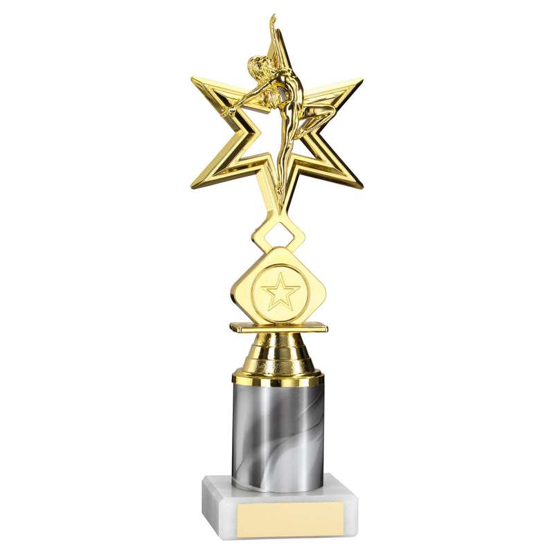 GOLD/WHITE DANCE/GYM STAR FIGURE ASSEMBLED ON MARBLE – (1″ CEN/1″ TUBE) 8in