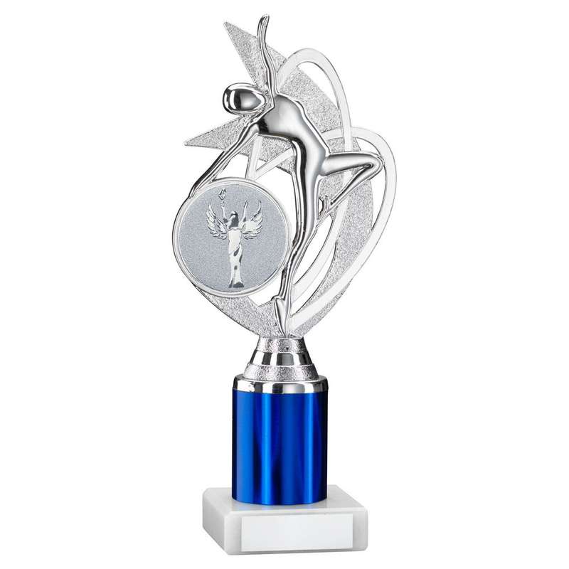 SILVER/BLUE DANCE/GYM FIGURE ASSEMBLED ON MARBLE – (2″ CEN/1″ TUBE) 8in
