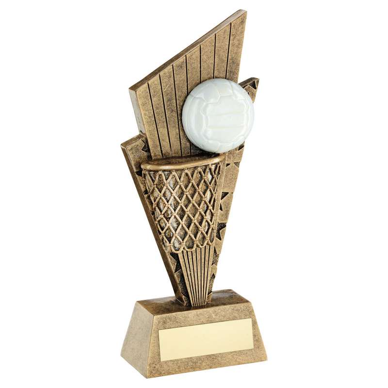 BRZ/GOLD/WHITE NETBALL AND NET ON POINTED BACKDROP WITH PLATE – 6in