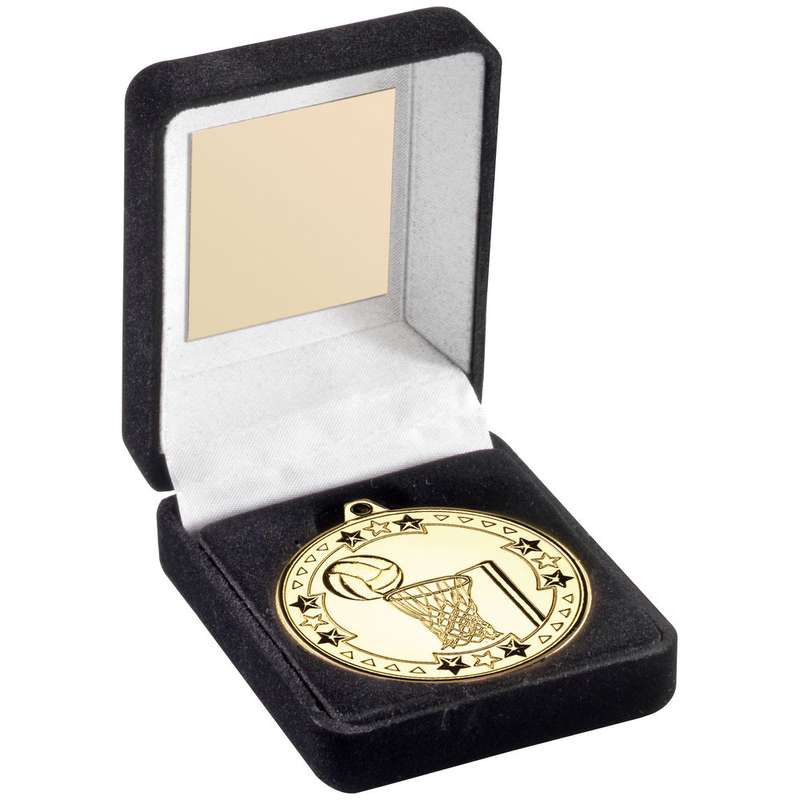BLACK VELVET MEDAL BOX AND 50mm MEDAL NETBALL TROPHY GOLD – 3.5in