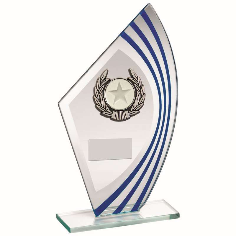 JADE/BLUE/SILVER SAIL GLASS WITH SILV/BLK WREATH TRIM TROPHY (1in CEN) – 8in