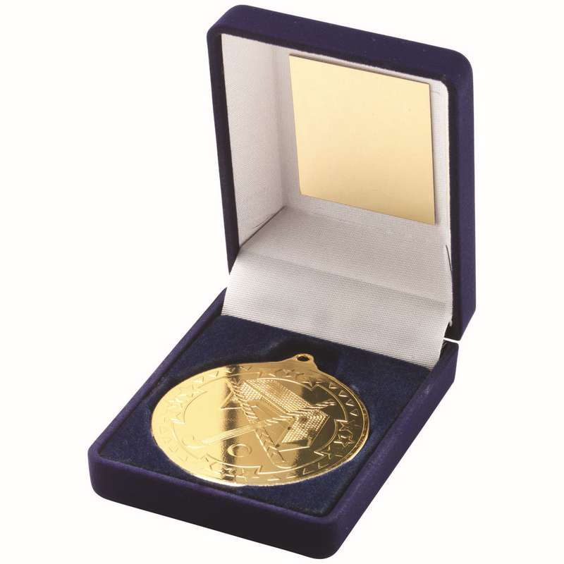BLUE VELVET BOX AND 50mm MEDAL HOCKEY TROPHY GOLD – 3.5in