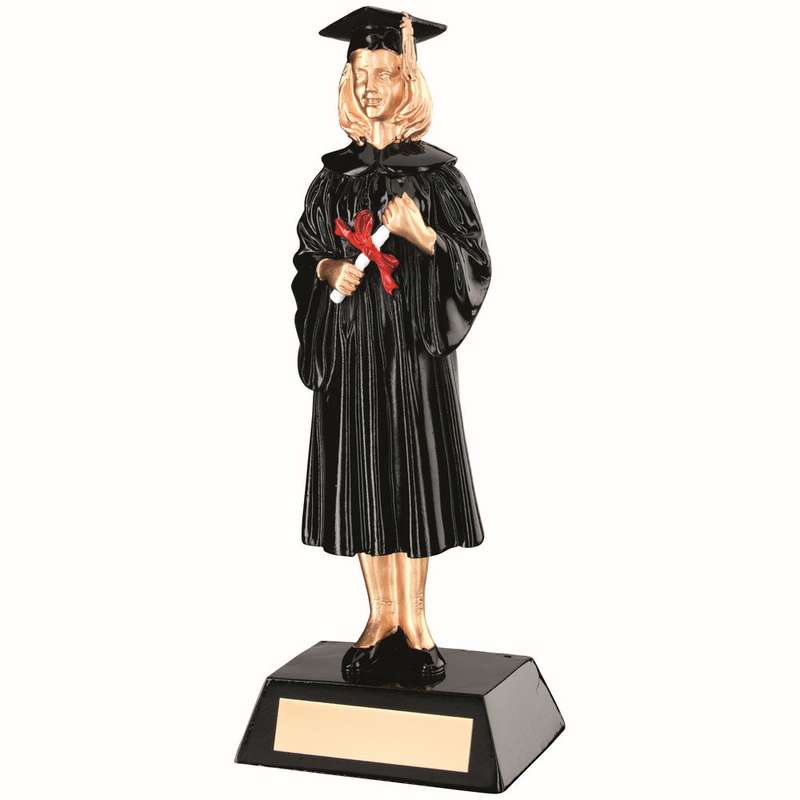 BLK/GOLD RESIN FEMALE GRADUATE FIGURE WITH PLATE – 9.25in