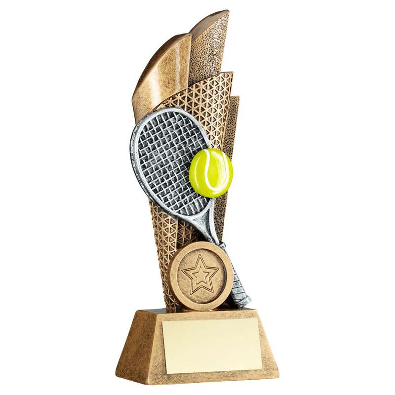 BRZ/PEW/YELLOW TENNIS BALL AND RACKET ON BACKDROP WITH PLATE (1in CEN) – 5in