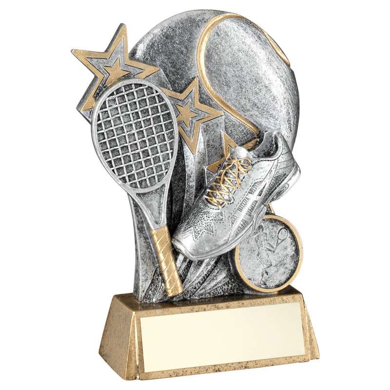 PEW/GOLD TENNIS BALL WITH RACKET ON BRZ BASE WITH PLATE (1in CEN) – 5.25in
