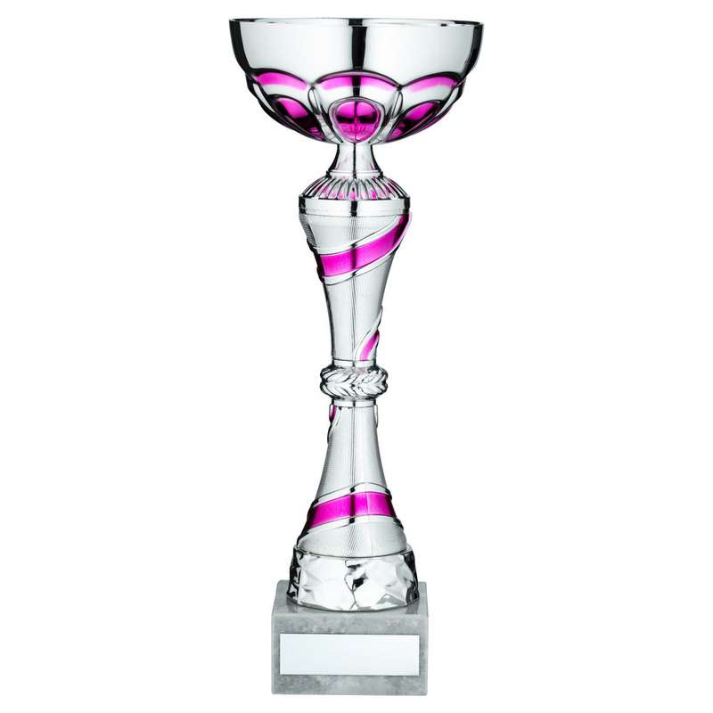 SILVER/PINK TROPHY CUP WITH PLATE – 10in