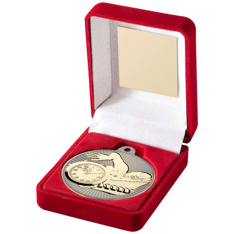 RED VELVET BOX AND 50mm SWIMMING MEDAL TROPHY MATT SILVER/GOLD – 3.5in