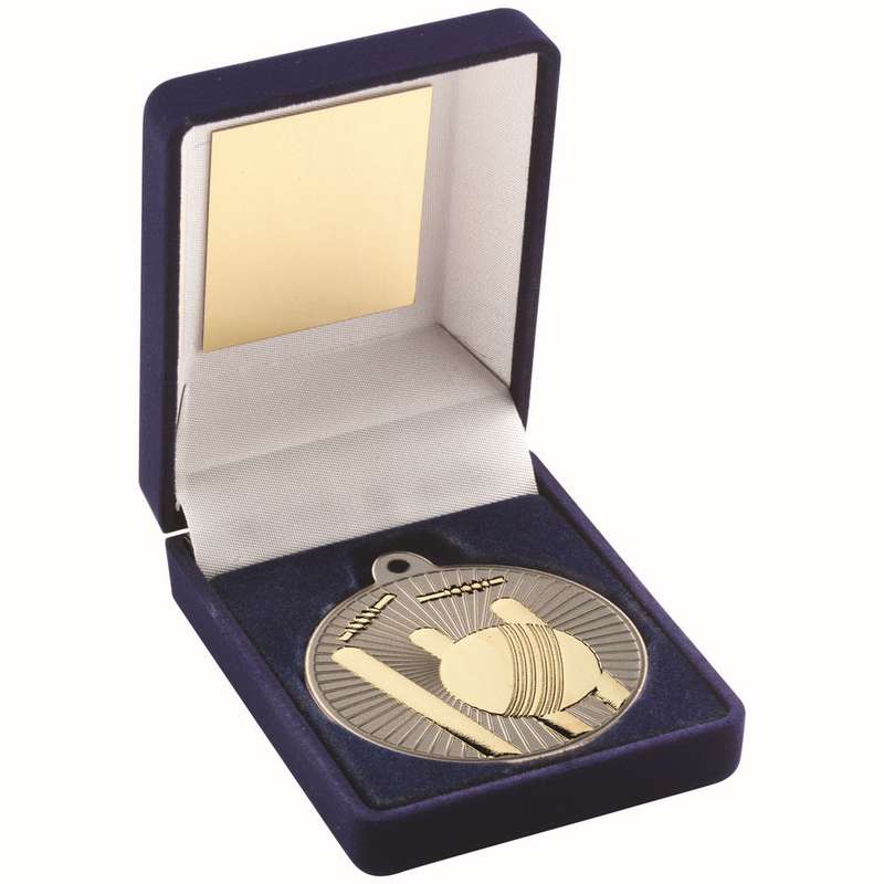 BLUE VELVET BOX AND 50mm CRICKET MEDAL TROPHY MATT SILVER/GOLD – 3.5in