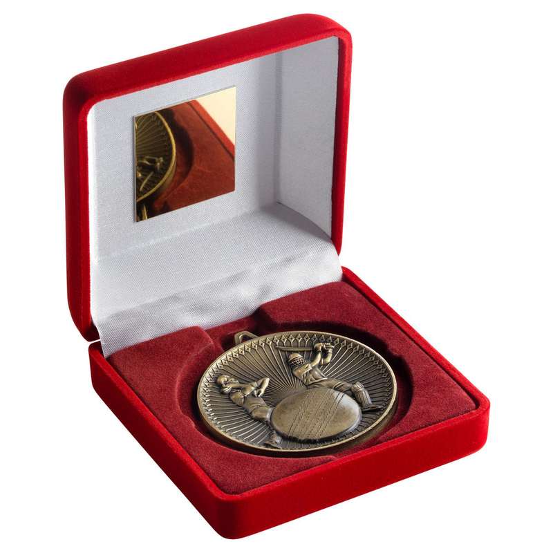 RED VELVET BOX AND 60mm MEDAL CRICKET TROPHY ANTIQUE GOLD – 4in
