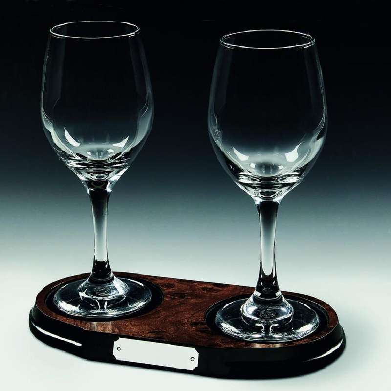 Two Wine Glasses on Wood Stand 220mm – Clear