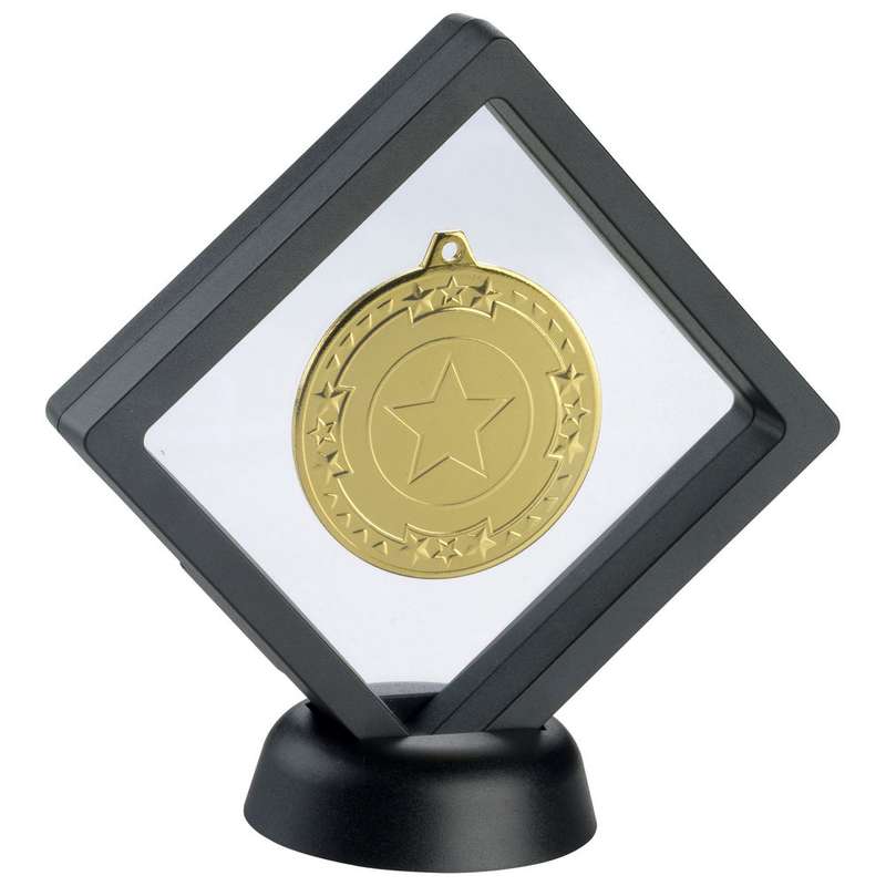BLACK/CLEAR PLASTIC MEDAL BOX WITH STAND (FOR 50mm MEDAL) – 5in