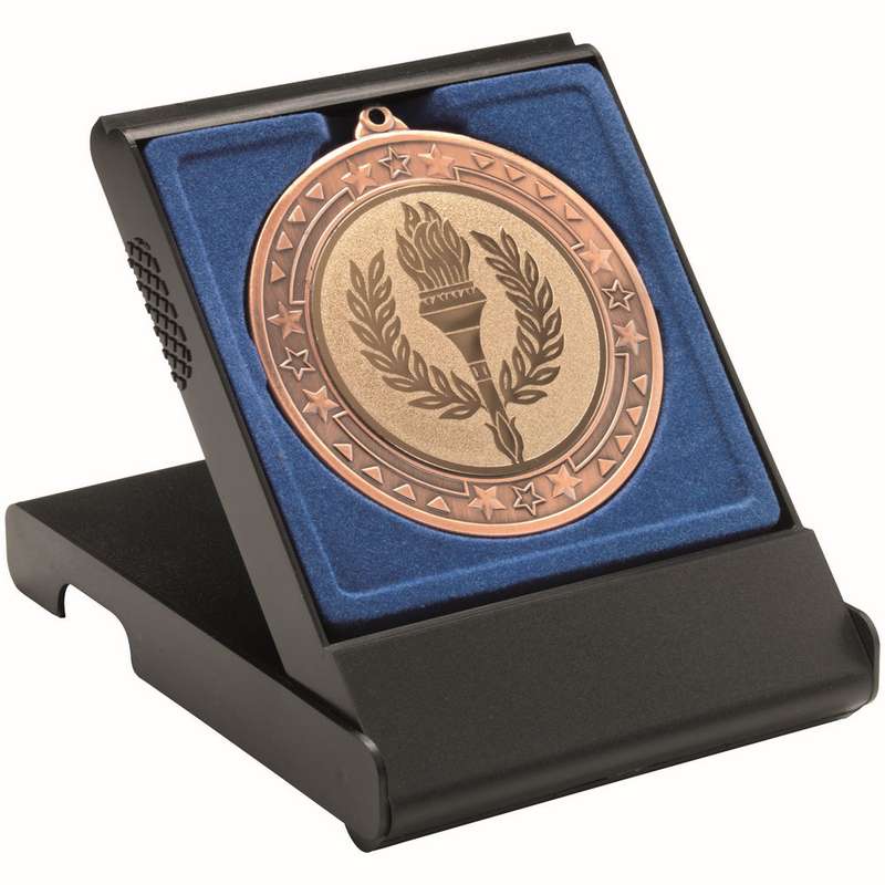 BLACK MEDAL BOX LARGE (50/60/70mm RECESS BLUE INSERT) – 4.75in