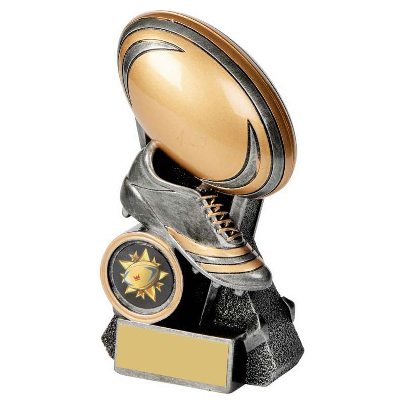 Antique Silver/Gold Rugby Ball/Boot Trophy 135mm – Ant Silver