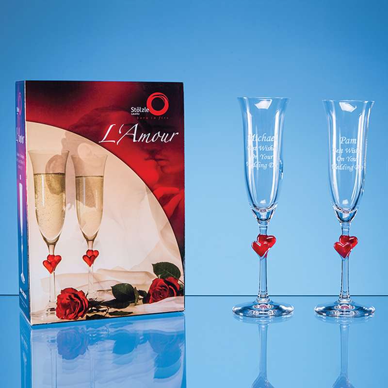 2 L’Amour Red Heart Champagne Flutes in an attractive Gift Box