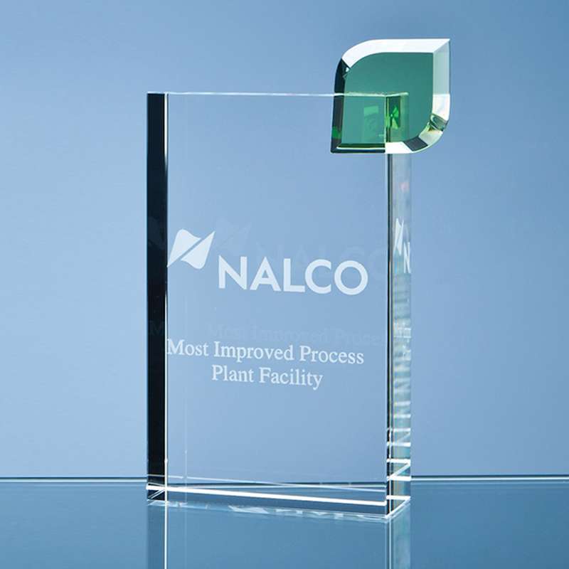 17cm Optical Crystal ‘Eco Excellence’ Award with a Single Green Leaf