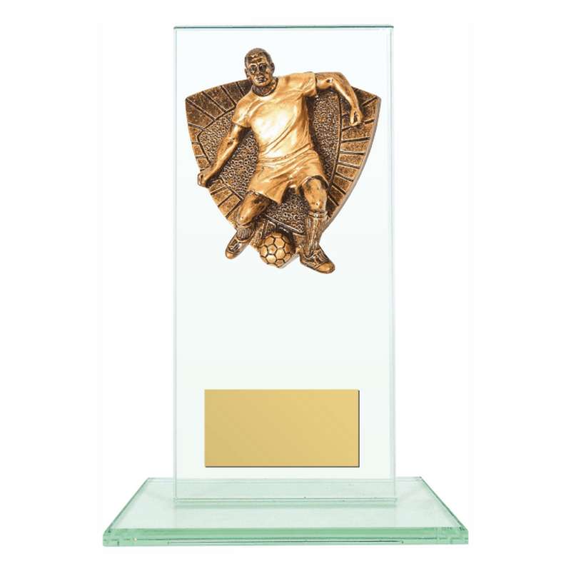 Jade Glass Stand Award with Resin Male Football Trim 160mm – Clear