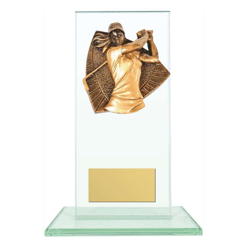 Jade Glass Stand Award with Resin Female Golf Trim 160mm – Clear