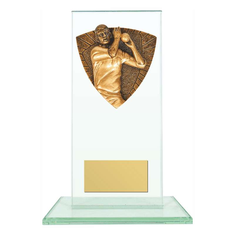 Jade Glass Stand Award with Resin Cricket Bowler Trim 160mm – Clear