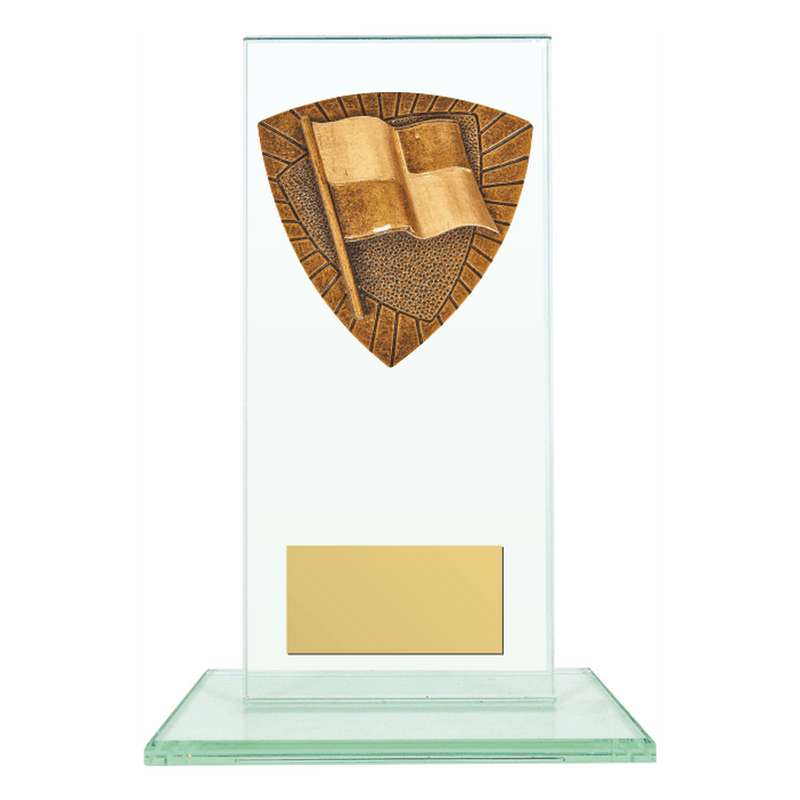 Jade Glass Stand Award with Resin Official Flag Trim 160mm – Clear