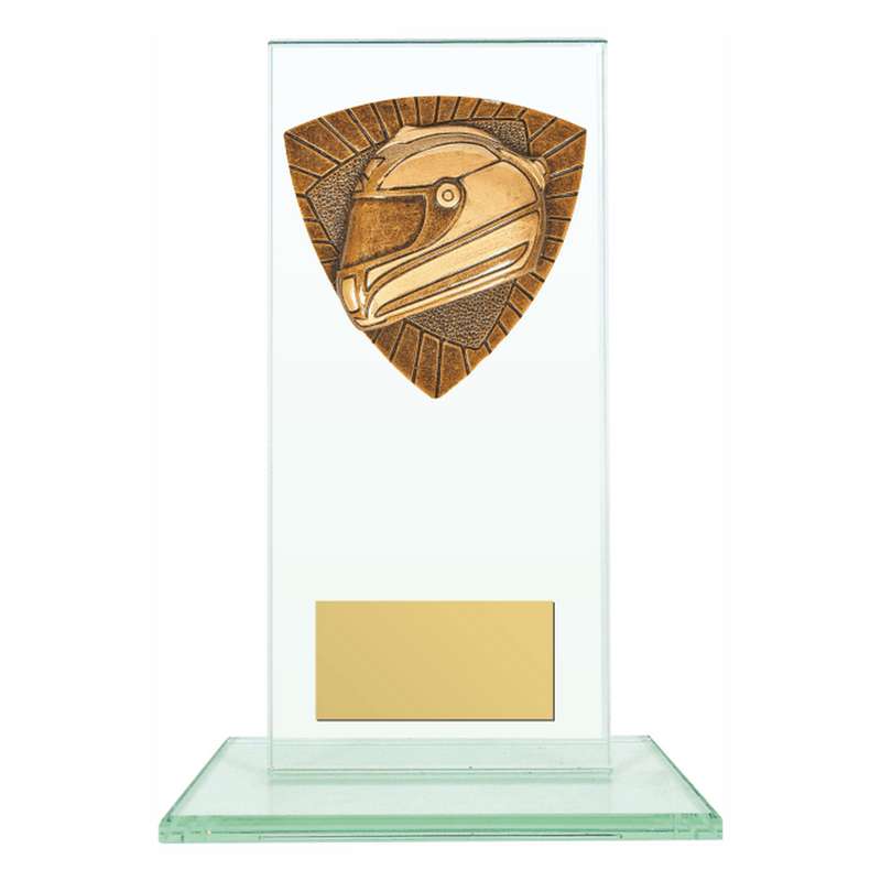 Jade Glass Stand Award with Resin Motor Sport Helmet Trim 160mm – Clear