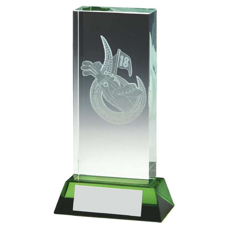 Golf Bag Jade Glass Block Award with Green Base (In Presentation Case) 100mm – Green