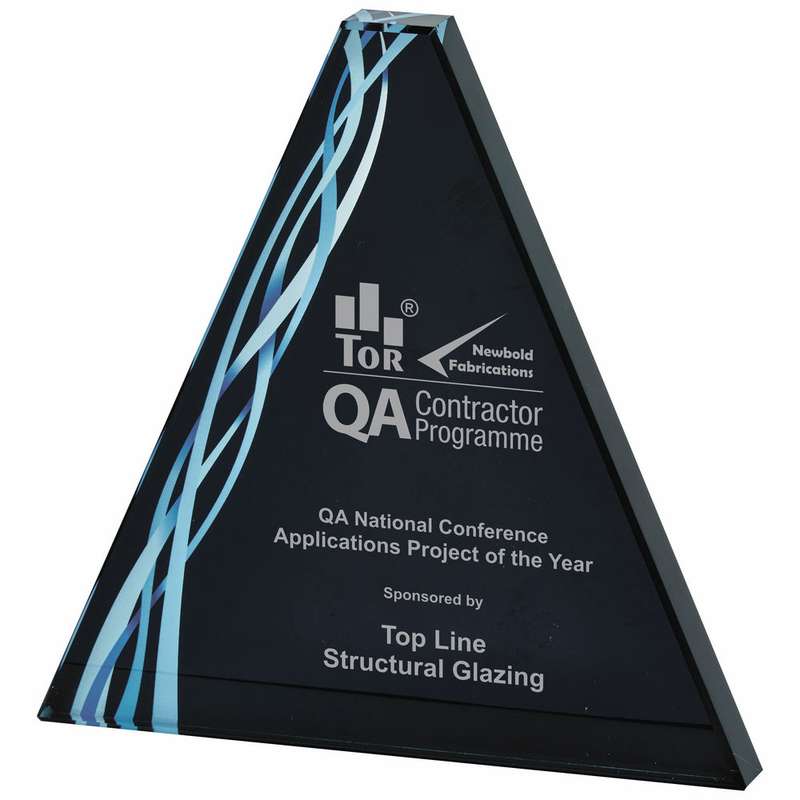 Triangular Blue Glass Award – Black Background 160mm – Clear