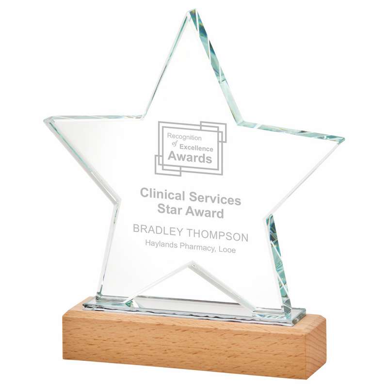 Glass Stand Award with Wavy Top and Wood Base 170mm – Clear