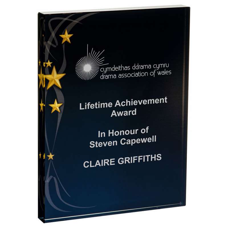 Rectangular Glass Award – Black Background with Gold Stars 160mm – Black
